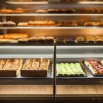 Baker decorating cake with creative business name on display.