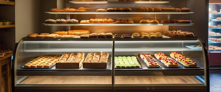 Baker decorating cake with creative business name on display.