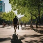 Person walking outdoors with a gentle stride, reducing low back pain risk.