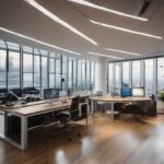 Business professionals using laptops and digital tools in a conference setting.
