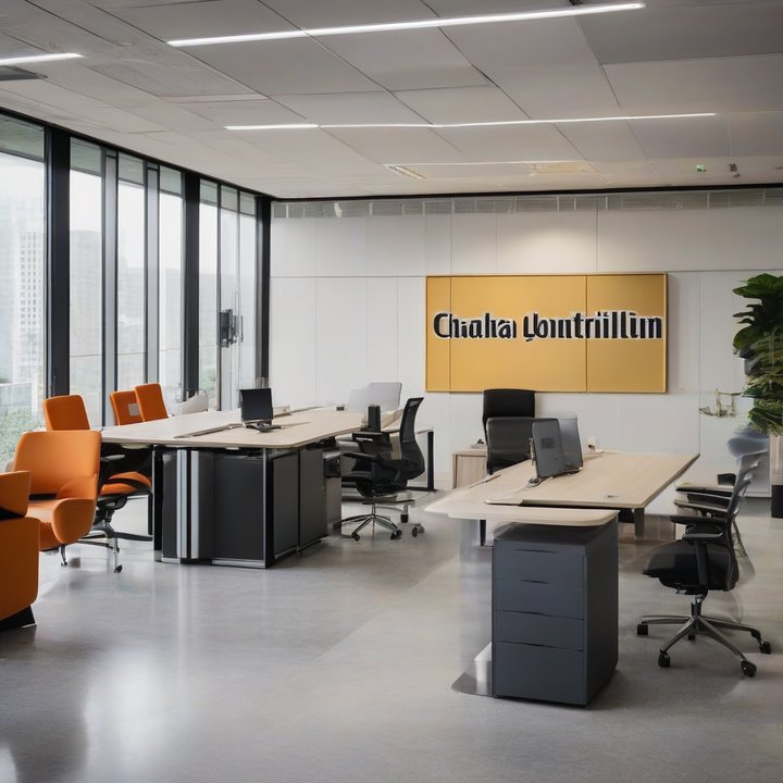 Businesswoman standing in front of a company logo, discussing brand identity.