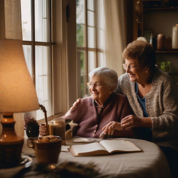 Family caregiver assisting elderly relative at home with daily tasks.