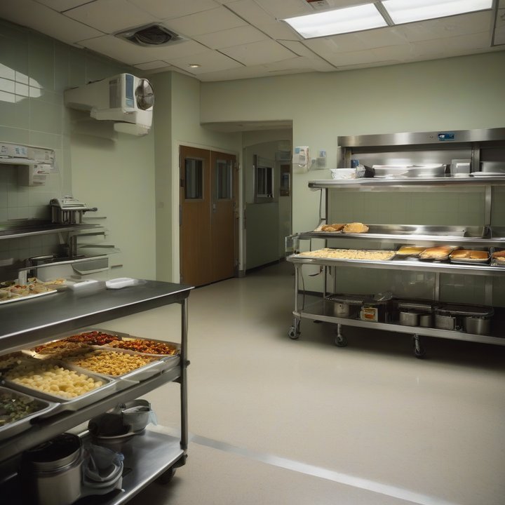 Hospital food tray with unhealthy meal options and single-use plastics.