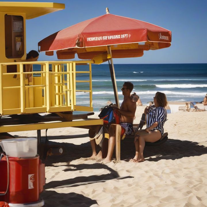 Lifeguards patrol a crowded Australian beach on a sunny day.