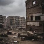 People in Gaza gather near damaged buildings and rubble-filled streets.