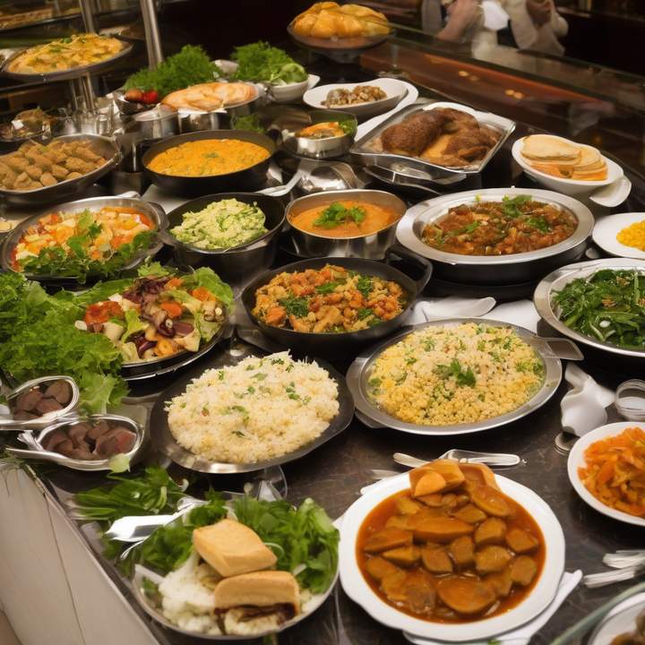 People serving themselves at a crowded buffet table.