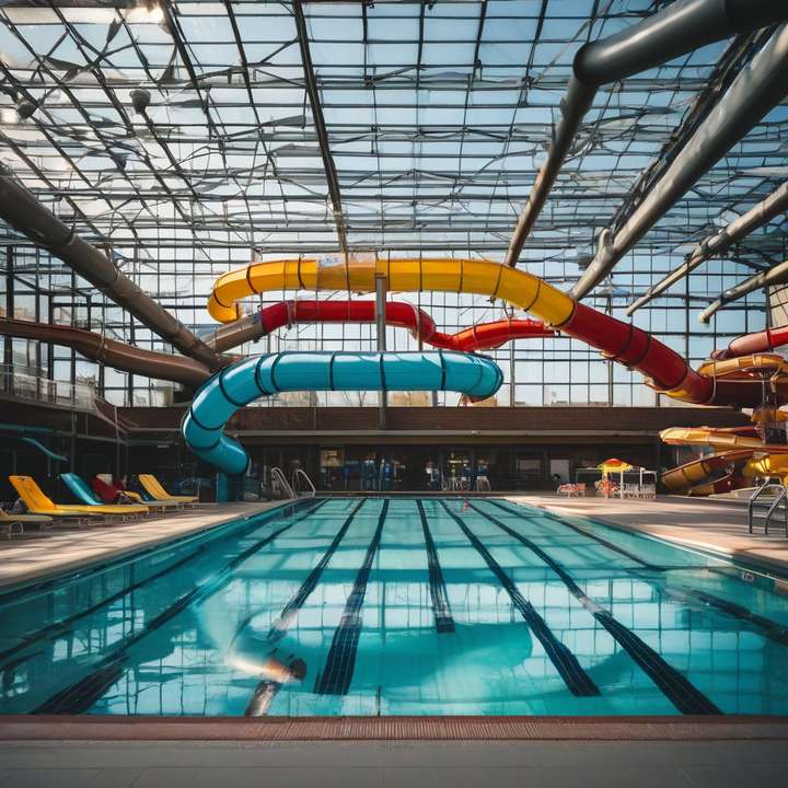People swimming in a crowded public pool on a sunny day.