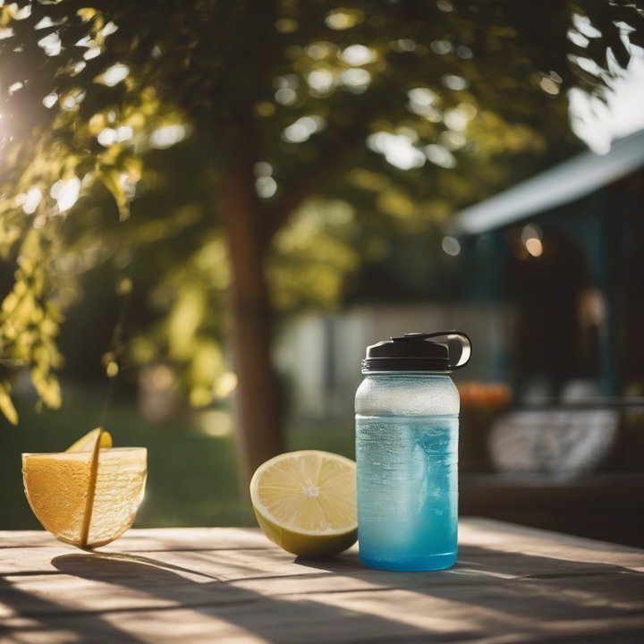 Person drinking water outdoors on a sunny day.