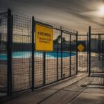 Person installing fence around residential swimming pool for safety.