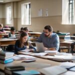 Teacher working on a computer, tutoring students online in the evening.