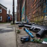 Youth fighting in a neighborhood with police presence nearby.