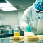 Researchers test raw milk cheese for bird flu contamination in a lab setting.